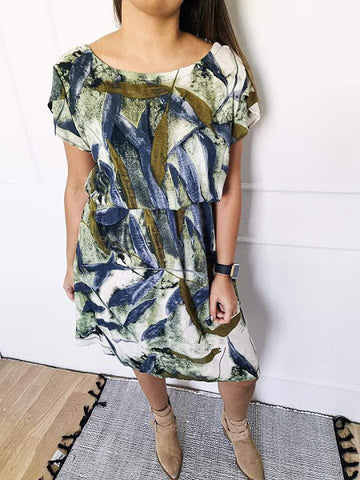 Dress with khaki and navy leaves